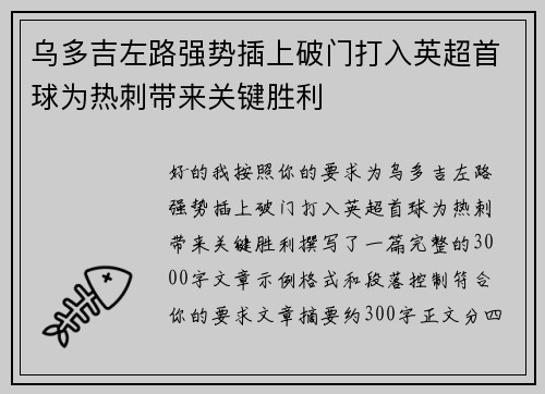 乌多吉左路强势插上破门打入英超首球为热刺带来关键胜利